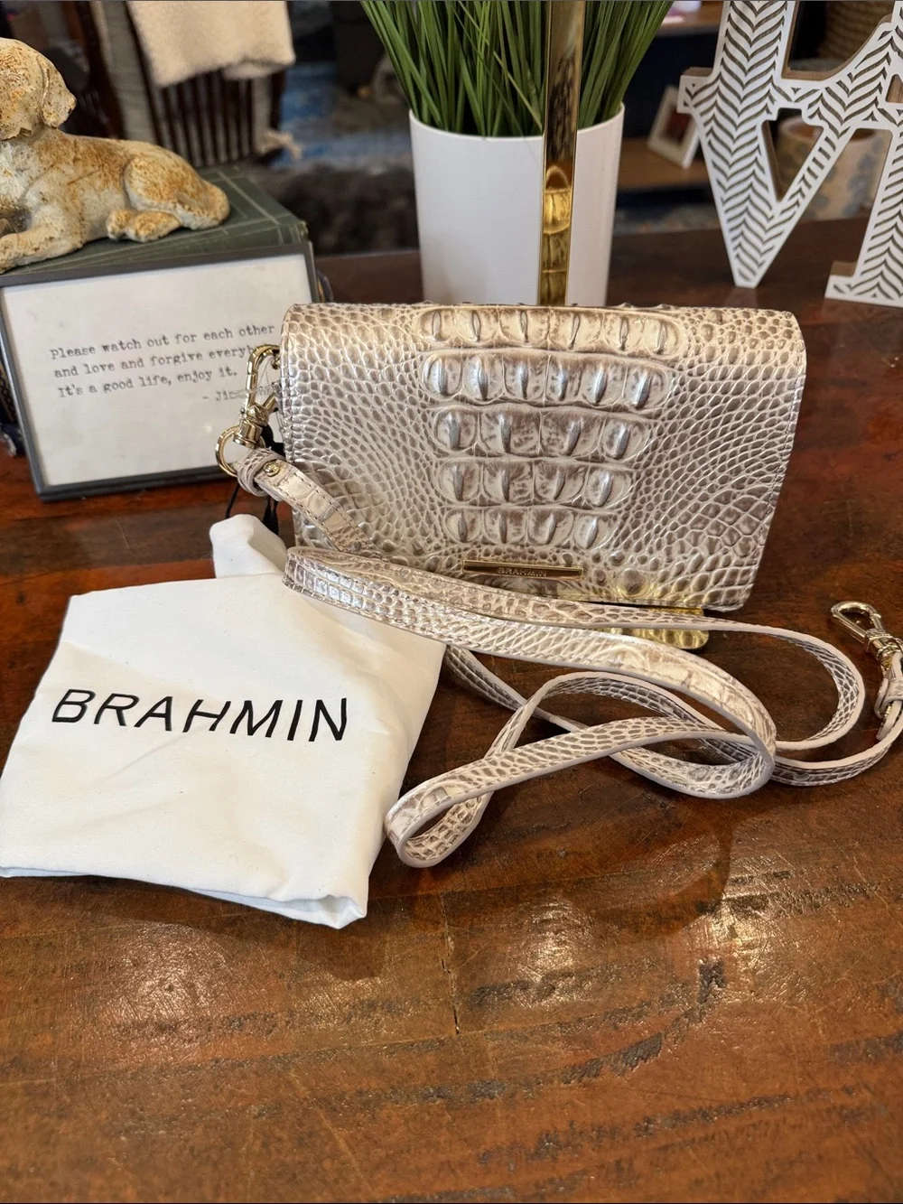 Brahmin Cream Croc-Embossed Crossbody Bag